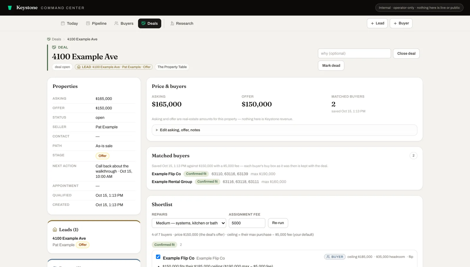 A sample deal page with asking and offer prices, two saved matched buyers marked confirmed fit, and the linked lead.