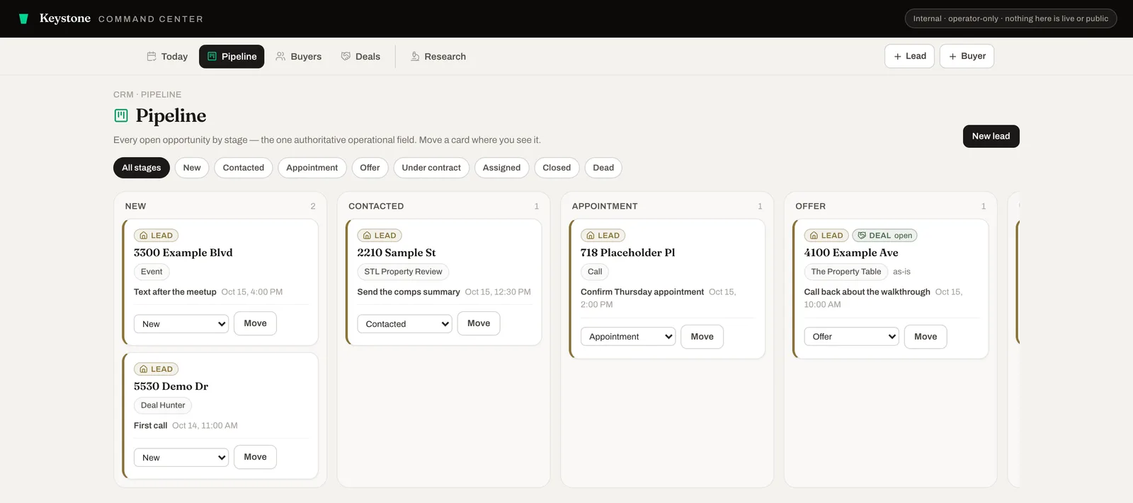 The Pipeline board with sample leads by stage; one card is marked as both a lead and an open deal.