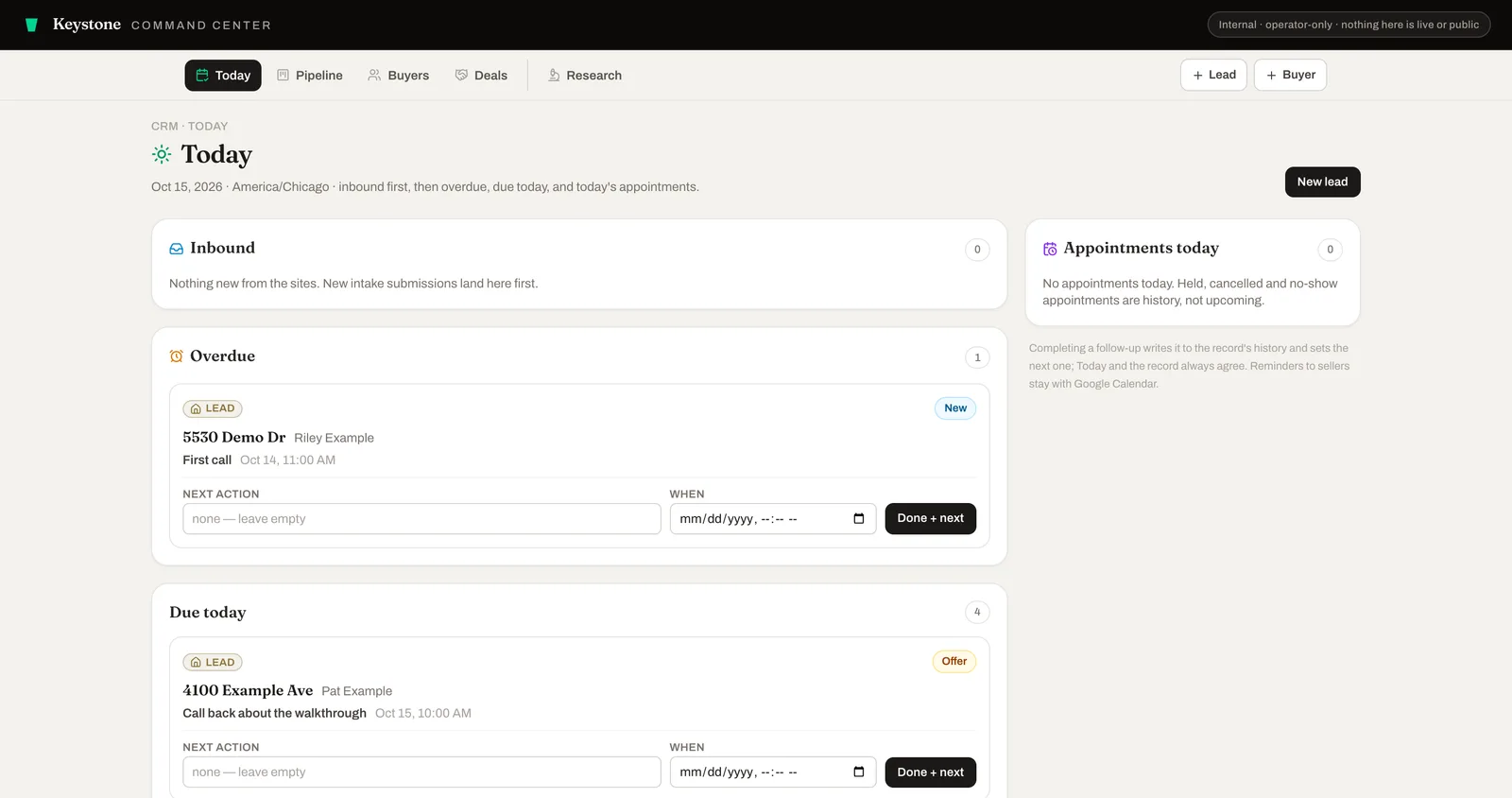 The CRM’s Today screen with sample leads: inbound first, then overdue, then due today, each with its next action.